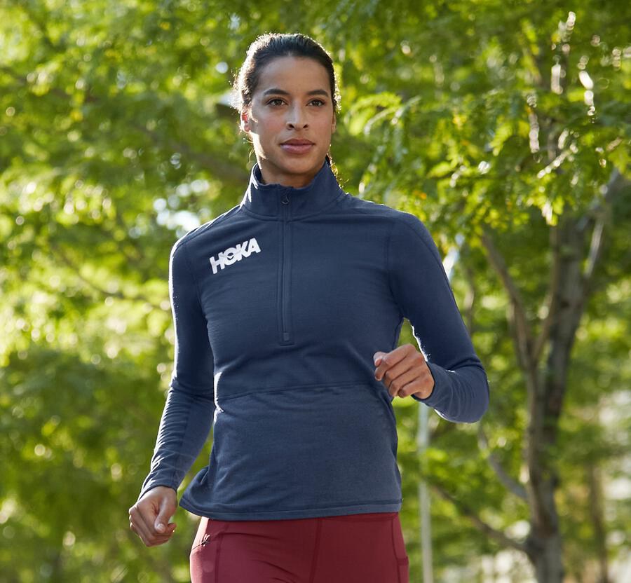 Hoka One One Top Kadın Lacivert - 1/2 Zip Midlayer - DS4597201